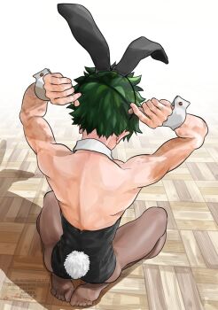 1boy animal_costume back boku_no_hero_academia detached_collar from_behind green_hair highres kneeling leotard male_focus midoriya_izuku oroshi_mi pantyhose rabbit_costume rabbit_tail short_hair solo topless_male wrist_cuffs