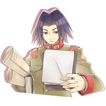 1boy akatsuki_(akatsuki_en-eins) akatsuki_blitzkampf book en-eins_kanzen_sekai holding holding_book holding_paper paper rai_mugi soldier spiked_hair