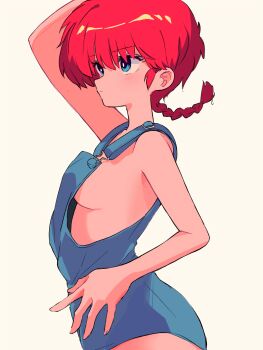 1girl blue_eyes blue_overalls braid breasts commentary from_side highres looking_to_the_side naked_overalls overalls ranma-chan ranma_1/2 red_hair sanamaru_(sana79261827) sideboob simple_background solo