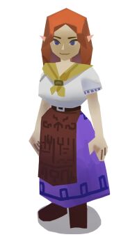 1girl blue_eyes breasts brown_hair faux_3d highres large_breasts leoquezadilla long_hair long_skirt looking_at_viewer low_poly malon neckerchief nintendo pointy_ears purple_skirt shirt short_sleeves skirt smile solo the_legend_of_zelda the_legend_of_zelda:_ocarina_of_time white_shirt yellow_neckerchief