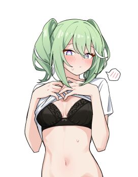 1girl absurdres black_bra blush bra breasts bright_pupils choppy_bangs closed_mouth clothes_lift commentary green_hair hair_between_eyes hands_up highres korean_commentary large_breasts lifting_own_clothes long_bangs maksagwa medium_hair multicolored_hair navel purple_eyes shirt shirt_lift short_sleeves simple_background solo speech_bubble spoken_blush stellive stomach streaked_hair sweat twintails underwear upper_body white_background white_pupils white_shirt yuzuha_riko