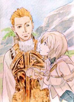 1boy 1girl armor ashelia_b&#039;nargin_dalmasca balflear blonde_hair brown_hair closed_mouth final_fantasy final_fantasy_xii jewelry kobayashi_chizuru short_hair tree