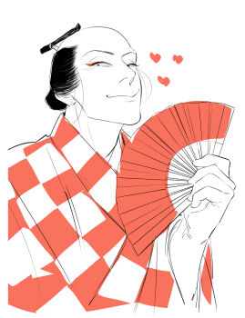 Rule 34 | 1boy, absurdres, black hair, byoubunozoki, checkered clothes, checkered kimono, chonmage, eyeshadow, folding fan, hand fan, hand up, haruji (h0000hrj), highres, japanese clothes, kimono, makeup, male focus, monochrome, red theme, shabake, smile, solo, topknot, upper body, white background