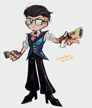 absurdres black_hair black_pants black_shoes blue_vest bracelet card chamber_(valorant) fingerless_gloves glasses gloves gun handgun highres holding holding_card holding_gun holding_weapon jewelry pants shirt shoes solo urennnii valorant vest weapon white_shirt