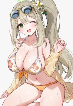 1girl alternate_costume alternate_hairstyle bare_shoulders bikini blue_archive blush breasts cleavage commentary_request cosplay eyewear_on_head floral_print floral_print_bikini front-tie_bikini_top front-tie_top highres hiyori_(blue_archive) hiyori_(blue_archive)_(cosplay) hiyori_(swimsuit)_(blue_archive) large_breasts long_hair looking_at_viewer navel nonomi_(blue_archive) open_mouth orange_bikini print_bikini side_ponytail simple_background smile solo stomach sunglasses swimsuit thighs very_long_hair white_bikini yomizu_(rdad3278)