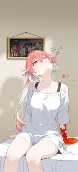 1girl abby_(wuthering_waves) absurdres ahoge baizhi_(wuthering_waves) bare_legs black_straps breasts bright_pupils changli_(wuthering_waves) chinese_commentary chixia_(wuthering_waves) collarbone colored_extremities commentary_request encore_(wuthering_waves) feet_out_of_frame female_rover_(wuthering_waves) game_screenshot_inset hair_between_eyes highres indoors large_breasts looking_up multicolored_hair on_bed one_eye_closed oversized_clothes oversized_shirt pink_hair red_hands rover_(wuthering_waves) shirt sitting solo two-tone_hair white_hair white_pupils white_shirt whyqiufen wuthering_waves xiangli_yao_(wuthering_waves) yangyang_(wuthering_waves) yellow_eyes zhezhi_(wuthering_waves)