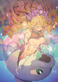 1girl absurdres bestiality blonde_hair blush braid breasts commentary_request dolphin duel_monster green_eyes green_hair highres long_hair medium_breasts mermaid minairuka monster_girl multicolored_hair navel nipples nose_blush parted_lips purple_hair reeshaddoll_wendikurhu ro_g_(oowack) sex streaked_hair twin_braids vaginal yu-gi-oh!