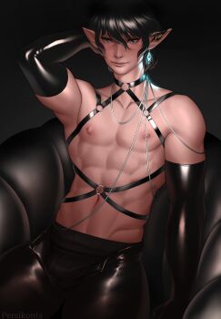 Rule 34 | aymeric de borel, belt, belt collar, black hair, blue eyes, bulge, chain, collar, colored skin, commentary, elezen, elf, final fantasy, final fantasy xiv, gloves, highres, latex, latex gloves, male focus, manly, muscular, muscular male, persikonia, pointy ears, solo, solo focus, white skin