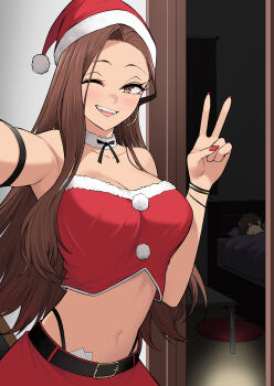 1boy 1girl ;d arm_strap belt black_belt breasts brown_eyes brown_hair commentary_request condom condom_wrapper_in_clothes earrings fur_choker hamazaki_risa hand_up hat highres hoop_earrings imaizumi_(imaizumin-chi) imaizumin-chi_wa_douyara_gal_no_tamariba_ni_natteru_rashii jewelry large_breasts long_hair midriff navel nori_gorou one_eye_closed open_mouth panty_straps red_hat red_nails red_skirt red_tube_top santa_costume santa_hat selfie skirt smile solo_focus strapless tube_top upper_body v