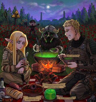 1girl 3boys beard chernobyl chernobyl_npp cloud cooking dungeon_meshi dwarf elf facial_hair falin_touden field flower flower_field forest full_moon gas_mask hair_around_ear highres laios_touden long_beard long_hair marcille_donato mask moon multiple_boys mustache nature night night_sky nuclear_powerplant outdoors pointy_ears poppy_(flower) pripyat radiation_symbol senshi_(dungeon_meshi) sky stalker_(game) stalker_2:_heart_of_chornobyl star_(sky) starry_sky tactical_clothes terezta thick_mustache translated ukraine ukrainian_text very_long_beard