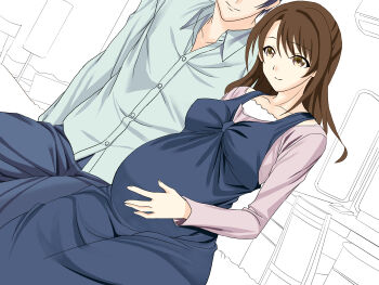 Rule 34 | 1boy, 1girl, absurdres, black hair, brown hair, highres, idolmaster, idolmaster cinderella girls, maternity dress, pregnant, shimamura uzuki