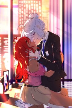 2girls absurdres after_kiss black_jacket black_skirt blue_necktie brown_skirt closed_eyes closed_mouth collared_shirt commentary contemporary desk english_commentary gundam gundam_suisei_no_majo hair_bun hand_on_another's_neck highres id_card jacket leg_lock miorine_rembran multiple_girls necktie on_desk pink_shirt purple_eyes rideth_mochi saliva saliva_trail shirt sitting skirt suletta_mercury white_hair white_shirt yuri