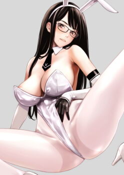 1girl animal_ears black_hair breasts brown_hair commentary_request elbow_gloves glasses gloves highleg highleg_leotard highres large_breasts leotard long_hair looking_at_viewer mole mole_under_mouth nipple_slip nipples original pantyhose parted_lips playboy_bunny rabbit_ears solo spread_legs takano_masayuki white_leotard white_pantyhose