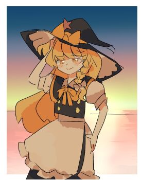 1girl apron black_hat black_skirt black_vest blonde_hair bow bowtie buttons closed_mouth collared_shirt commentary english_commentary frilled_hat frills hand_in_own_hair hand_on_own_hip hat hat_bow hat_ornament kirisame_marisa long_hair nagatsuki_kei_(nagatsuki22) shirt short_sleeves skirt smile solo standing star_(symbol) star_hat_ornament sunset touhou very_long_hair vest waist_apron white_shirt witch_hat yellow_bow yellow_bowtie yellow_eyes