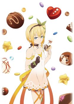 Rule 34 | 1girl, artist request, black choker, blonde hair, blue eyes, brown hairband, chocolate, choker, closed mouth, cowboy shot, dress, edna (tales), game cg, gloves, green ribbon, hair ornament, hair ribbon, hairband, holding, looking at viewer, normin (tales), official art, ribbon, short hair, side ponytail, single glove, solo, tales of (series), tales of asteria, tales of zestiria, third-party source, transparent background, tress ribbon, white dress