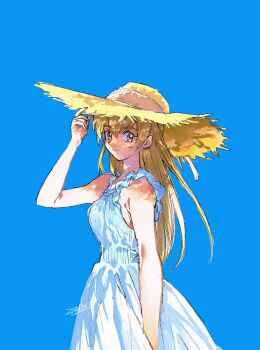 1girl 203wolves adjusting_clothes adjusting_headwear arm_at_side bare_shoulders blonde_hair blue_background breasts brown_eyes dress facing_to_the_side hand_on_own_head hand_up hat highres long_hair looking_to_the_side medium_breasts signature sleeveless sleeveless_dress solo straw_hat sundress tenjouin_asuka upper_body white_dress yellow_hat yu-gi-oh! yu-gi-oh!_gx