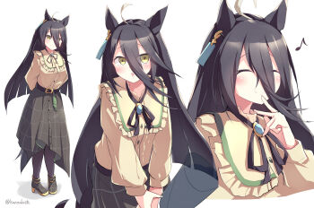 Rule 34 | 1girl, absurdres, ahoge, animal ears, black hair, black pantyhose, black ribbon, black skirt, blush, casual, closed eyes, closed mouth, commentary request, ear tag, earrings, frills, hair between eyes, highres, horse ears, horse girl, jewelry, kanzakietc, long bangs, long hair, long hair between eyes, long sleeves, manhattan cafe (casual) (umamusume), manhattan cafe (umamusume), multicolored hair, multiple views, musical note, neck ribbon, pantyhose, parted lips, ribbon, shirt, shoes, single earring, skirt, smile, tail, umamusume, white hair, yellow eyes, yellow shirt