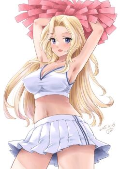 1girl armpits arms_up blonde_hair blue_eyes breasts cheering cheerleader crop_top dated holding holding_pom_poms hornet_(kancolle) kantai_collection kitagawa_mikio large_breasts long_hair looking_at_viewer midriff navel open_mouth pleated_skirt pom_pom_(cheerleading) pom_poms shirt skirt sleeveless sleeveless_shirt smile solo twitter_username white_shirt white_skirt