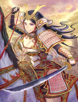 1girl armor army bad_id bad_pixiv_id black_hair breasts cleavage female_focus flag full_armor hidezi highres horse horseback_riding japanese_armor katana large_breasts long_hair original pauldrons purple_eyes riding samurai sengoku_musou sengoku_taisen shoulder_armor sode soldier solo sword weapon