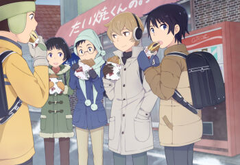 5boys backpack bag black_hair blue_coat blue_mittens boku_dake_ga_inai_machi brown_coat brown_eyes brown_gloves brown_hair coat coca-cola commentary_request earmuffs eating food fujinuma_satoru gloves green_coat grey_coat grey_gloves jacket kazu_(boku_dake_ga_inai_machi) kobayashi_kenya mairu_(582284310) male_focus mittens multiple_boys osamu_(boku_dake_ga_inai_machi) outdoors pants purple_eyes randoseru short_hair smile sugita_hiromi taiyaki vending_machine wagashi winter_clothes yellow_jacket