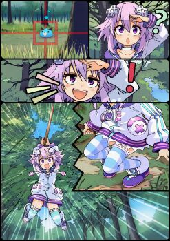 ! 1girl ? absurdres aderyn ai-assisted arm_up attack choujigen_game_neptune creature dogoo flat_chest forest grass hair_ornament highres holding holding_sword holding_weapon hood hoodie jumping nature neptune_(neptunia) neptune_(series) purple_hair purple_shoes shoes short_hair socks squatting striped_clothes striped_socks sword tree weapon white_hoodie wooden_sword