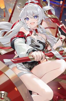 1girl bare_shoulders black_gloves china_dress chinese_clothes commentary detached_sleeves diamond-shaped_pupils diamond_(shape) dress english_commentary fingerless_gloves floating_hair gloves grey_hair highres honkai_(series) honkai_impact_3rd kiana_kaslana kiana_kaslana_(ba-dum!_fiery_wishing_star) long_hair long_sleeves looking_at_viewer open_mouth purple_pupils second-party_source single_glove smile solo soraneko_hino symbol-shaped_pupils white_dress