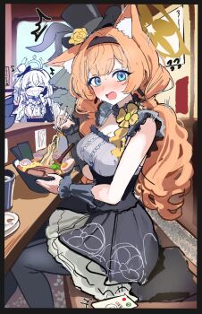 Rule 34 | 2girls, animal ear fluff, animal ears, black dress, black gloves, black hairband, black hat, blue archive, blue eyes, bowl, breasts, cellphone, chopsticks, crossed bangs, detached sleeves, dress, flower, flower as hat, food, gloves, grey feathers, hairband, halo, hat, highres, holding, holding chopsticks, idol, idol clothes, incoming call, kamaboko, long hair, looking at viewer, looking to the side, low twintails, mari (blue archive), mari (idol) (blue archive), mini hat, mini top hat, multiple girls, narutomaki, noodles, nori (seaweed), official alternate costume, orange hair, phone, ramen, rose, sak (lemondisk), sakurako (blue archive), sakurako (idol) (blue archive), sketch, smartphone, top hat, twintails, unfinished, wrist wrap, yellow flower, yellow halo, yellow rose