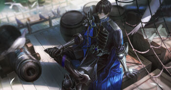 1boy :| aiguillette arm_support armor armored_boots barrel belt bird black_boots black_gloves black_jacket black_pants blue_cape blurry blurry_background blush boots cannon cape chinese_commentary closed_mouth commentary_request couter crate day dolman_(jacket) falling_feathers feathers figure_four_sitting foot_out_of_frame gem gloves greaves hair_between_eyes hand_on_own_knee highres infukun isreall_(welcome_to_dreamland) jacket long_sleeves looking_at_viewer male_focus map_(object) military_uniform pants pauldrons poleyn purple_eyes purple_gem sabaton scroll ship short_hair shoulder_armor sideways_glance silver_belt single_pauldron sitting solo sunlight tassel v-shaped_eyebrows vambraces watercraft welcome_to_dreamland white_feathers