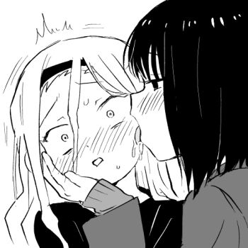2girls ^^^ age_difference aged_up blazer blush from_side hair_between_eyes hairband hand_on_another&#039;s_cheek hand_on_another&#039;s_face jacket kirarazaka_marina kuze_shizuka licking licking_another&#039;s_cheek licking_another&#039;s_face long_hair lowres multiple_girls onee-loli portrait pottode profile saliva school_uniform shirt short_hair sweat sweater takopii_no_genzai time_paradox tongue tongue_out yuri