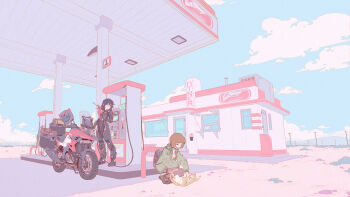 2girls alternate_costume backpack bag biker_clothes bikesuit black_hair blue_sky bodysuit brown_hair cat day diner gas_pump gas_pump_nozzle gas_station headpat unworn_headwear helmet unworn_helmet highres kill_la_kill looking_at_another mankanshoku_mako matoi_ryuuko motor_vehicle motorcycle multiple_girls open_mouth shoes short_hair sky smile sneakers squatting zhen_long