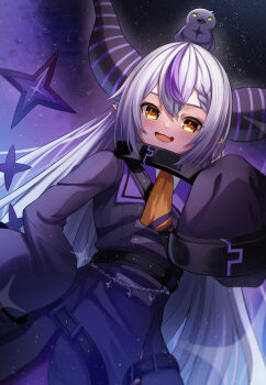 1girl absurdres animal animal_on_head bird bird_on_head black_collar chameleon_(chameleon0613) coat collar commentary demon_girl demon_horns demon_tail fang grey_hair hand_on_own_hip highres hololive horns la+_darknesss la+_darknesss_(1st_costume) long_hair looking_at_viewer neckerchief on_head open_mouth pointy_ears purple_coat purple_streaks sidelocks skin_fang sky sleeves_past_fingers sleeves_past_wrists smile solo star_(sky) starry_sky tail very_long_hair virtual_youtuber yellow_eyes yellow_neckerchief