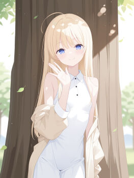 1girl ahoge blonde_hair blue_eyes breasts closed_mouth commentary_request cowboy_shot dress falling_leaves highres impossible_clothes impossible_dress jacket leaf long_hair looking_at_viewer megimegyo natsunomori_towa open_clothes open_jacket outdoors small_breasts smile solo tenohira_wo_taiyou_ni tree waving white_dress yellow_jacket