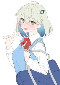 1girl absurdres aqua_hair aqua_vest bag blush bow bowtie colored_inner_hair dragon_musume_ni_naritakunai! duel_masters green_hair hair_ornament highres kawai_ritsu_(rits_meg) looking_at_viewer medium_hair multicolored_hair nagareboshi_asche open_mouth red_bow red_bowtie school_bag shirt shoulder_bag solo upper_body v vest white_background white_shirt