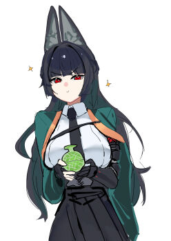 1girl animal animal_ear_fluff animal_ears black_gloves black_necktie black_skirt commentary_request fox_ears fox_girl gauntlets gloves highres holding hoshimi_miyabi jacket long_hair long_skirt looking_at_viewer massivedoontwei necktie red_eyes shirt simple_background single_gauntlet skirt standing star_(symbol) white_background white_shirt zenless_zone_zero