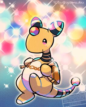 ampharos backpack bag brown_bag closed_mouth commentary_request forehead_jewel full_body gen_2_pokemon nintendo no_humans pokemon pokemon_(creature) pokemon_focus smile solo sparkle tail tansho