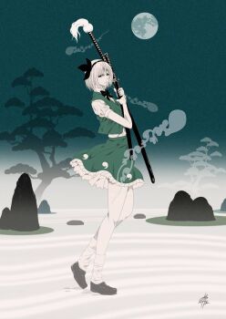 Rule 34 | 1girl, black hairband, black necktie, commentary request, frilled skirt, frills, from side, green skirt, green vest, hairband, highres, hitodama, hitodama print, holding, holding sheath, holding sword, holding weapon, katana, konpaku youmu, loafers, looking at viewer, moon, multiple swords, necktie, print skirt, puffy short sleeves, puffy sleeves, rock, scabbard, sheath, shoes, short hair, short sleeves, signature, skirt, solo, standing, sword, touhou, tree, vest, weapon, white hair, yamada satoshi