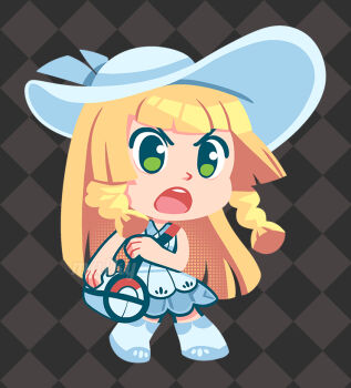 Rule 34 | 1girl, argyle background, bag, blonde hair, boots, braid, chibi, chibi only, commentary, dress, full body, green eyes, grey background, lillie (pokemon), long hair, malky (malkshake), nintendo, open mouth, pokemon, pokemon (creature), pokemon sm, sleeveless, sleeveless dress, twin braids, white boots, white dress