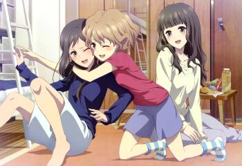 10s 3girls :d ;d absurdres bed black_hair blunt_bangs blush brown_hair bunk_bed casual friends hair_down hanasaku_iroha hayakawa_asami highres hug hug_from_behind kneeling ladder legs matsumae_ohana mirror multiple_girls non-web_source nyantype official_art one_eye_closed open_mouth oshimizu_nako scan shirt short_hair shorts sitting smile socks striped_clothes striped_legwear striped_socks t-shirt tsurugi_minko wavy_hair wink yokozuwari