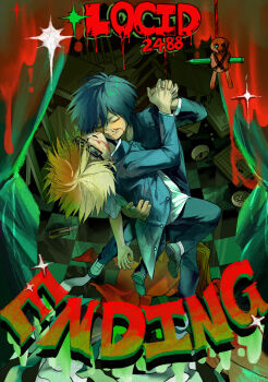 2boys absurdres blood blood_on_face blue_hair board_game checkered_floor closed_eyes cracked_skin curtains dancing desk doll english_text gakuran glasses go_(board_game) haruno0629 highres holding_hands male_focus messy multiple_boys orange_hair randal&#039;s_friends randal_ivory school_uniform short_hair stage_curtains tsukada_satoru unconscious