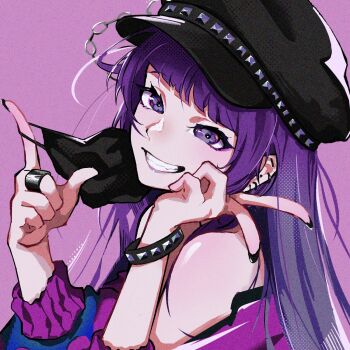 1girl bare_shoulders black_hat black_nails bracelet chain ear_piercing goma_(gogo_gowa) grin hat highres idolmaster idolmaster_shiny_colors jacket jewelry long_hair mask mask_pull mouth_mask piercing pink_background purple_eyes purple_hair purple_jacket ring smile solo studded_bracelet studded_hat tanaka_mamimi