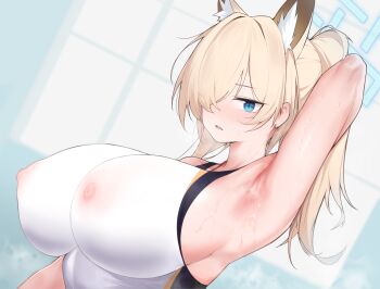 Rule 34 | 1girl, animal ear fluff, animal ears, arm up, armpits, blonde hair, blue archive, blue eyes, blue halo, blush, breasts, commentary request, competition swimsuit, covered erect nipples, halo, highres, kanna (blue archive), kanna (swimsuit) (blue archive), kkkweenie, large areolae, large breasts, long hair, looking at viewer, nipples, one-piece swimsuit, parted lips, ponytail, presenting armpit, see-through clothes, see-through one-piece swimsuit, sharp teeth, sidelocks, solo, steam, steaming body, sweat, swimsuit, teeth, upper body, white one-piece swimsuit