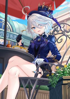 1girl :d ahoge ascot asymmetrical_gloves black_gloves black_shorts blue_ascot blue_eyes blue_gemstone blue_hair blue_hat blue_jacket blush chair commentary crossed_legs day drop-shaped_pupils eyelash_ornament eyelashes feet_out_of_frame food fork french_fries furina_(genshin_impact) gem genshin_impact gloves grey_hair hair_between_eyes hair_intakes half_gloves hand_up hat heterochromia highres holding holding_fork huge_ahoge jacket long_sleeves looking_at_viewer medium_hair mismatched_gloves mismatched_pupils multicolored_hair on_chair open_mouth outdoors shorts sitting smile solo streaked_hair symbol-shaped_pupils tenki_nori top_hat tsurime two-tone_hair wavy_hair white_gloves