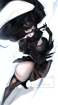 1girl 2b_(nier:automata) 2b_(nier:automata)_(cosplay) absurdres arialla_draws ass black_boots black_dress black_gloves black_hair blindfold_pull boots breasts cleavage cleavage_cutout closed_mouth clothing_cutout commentary company_connection cosplay dress feather-trimmed_sleeves final_fantasy final_fantasy_vii final_fantasy_vii:_ever_crisis floating_hair foot_out_of_frame gloves highres juliet_sleeves large_breasts long_hair long_sleeves looking_to_the_side official_alternate_costume patreon_username puffy_sleeves red_eyes side_slit signature solo standing swept_bangs thighhighs thighhighs_under_boots thighs tifa_lockhart tifa_lockhart_(battler_ensemble) turtleneck turtleneck_dress very_long_hair