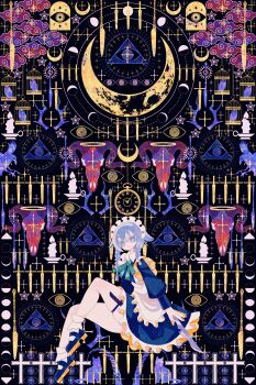 Rule 34 | 1girl, absurdres, animal skull, antlers, aqua ribbon, bare legs, bird, birdcage, black dress, black shoes, boku (isizakitakasi), braid, bright pupils, cage, candle, cat, clock, cloud, crescent moon, cross, dress, eye of providence, grey eyes, grey hair, halo, highres, horns, izayoi sakuya, juliet sleeves, knees up, knife, long sleeves, looking at viewer, maid headdress, moon, moon phases, neck ribbon, puffy sleeves, ram skull, ribbon, shoes, solo, star (symbol), touhou, twin braids, white pupils, yellow nails