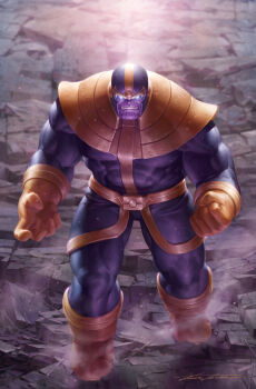 1boy alien avengers_(series) blue_helmet blue_sclera boots clenched_hand clenched_teeth colored_sclera colored_skin comic_cover commentary covered_abs dust english_commentary from_above full_body gloves glowing glowing_eyes gold_trim helmet highres male_focus marvel muscular muscular_male no_pupils official_art purple_skin signature solo teeth thanos yellow_boots yellow_gloves yoon_junggeun