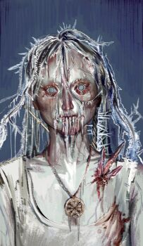 1other amulet atergraham blood blood_stain blue_eyes braid eyelashes frozen highres ice ice_hair icicle long_hair no_pupils original pale_skin solo tank_top upper_body white_tank_top