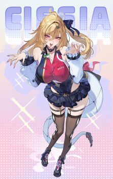 Rule 34 | 1girl, ahoge, bare shoulders, blonde hair, blush, breasts, brown thighhighs, chalky (zenless zone zero), character name, cissia (zenless zone zero), detached sleeves, fangs, hair between eyes, hair ornament, hands up, highres, large breasts, leotard, long hair, looking at viewer, metal wrist cuffs, multicolored leotard, open mouth, pink nails, pom pom (clothes), red eyes, sakichka, shock collar, snake, snake girl, snake tail, solo, standing, tail, thighhighs, tongue, tongue out, two-tone leotard, underboob, white snake, zenless zone zero
