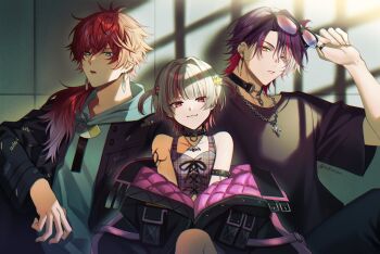 Rule 34 | 1girl, 2boys, :3, adjusting eyewear, arm tattoo, black choker, black jacket, black shirt, blonde hair, blunt bangs, chain, chain necklace, choker, closed mouth, commentary request, earrings, eyewear on head, green eyes, hair between eyes, hair intakes, highres, hood, hoodie, jacket, jewelry, lauren iroas, lauren iroas (3rd costume), long hair, long sleeves, looking at viewer, makaino ririmu, makaino ririmu (6th costume), medium hair, multicolored hair, multiple boys, necklace, nijisanji, open clothes, open jacket, open mouth, parted bangs, pendant, pink eyes, ponytail, purple hair, quilted jacket, red hair, shirt, short sleeves, side ponytail, streaked hair, sunglasses, tank top, tattoo, tile wall, tiles, two side up, upper body, virtual youtuber, watarai hibari (4th costume), yellow eyes, yuki07071006