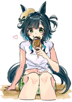 1girl absurdres animal_ears black_hair blue_hair commentary ear_ornament food green_eyes heart highres holding holding_food holding_ice_cream horse_ears horse_girl horse_tail ice_cream kiseki_(umamusume) looking_at_viewer midriff morizu929 multicolored_hair navel shirt simple_background solo symbol-only_commentary tail tied_shirt two-tone_hair umamusume white_background white_shirt