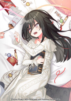 1boy 1girl black_hair candy copyright_name dessert food highres karasumori_daikoku lollipop long_hair long_sleeves lying official_art on_back open_mouth red_eyes squiggle teeth themis_(themis_adgjm) world_dai_star
